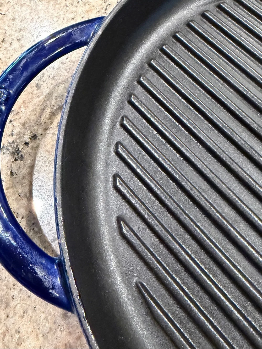 Staub Blue Cast Iron Grill Pan with Black Ridged Surface